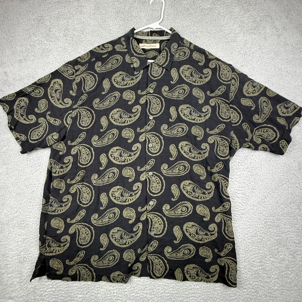 Tommy Bahama Mens XL TGT‎ Black Gold Paisley Silk Short Sleeve Button Up Shirt